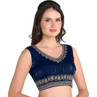 Pujia Mills Heavy Milan Silk Women's Sequin Embroidered V Neck Sleeveless Readymade Saree Blouse Indian Ethnic Designer Saree Sleeveless Blouse For Women (Morpeach, 34)