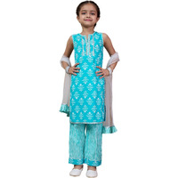 Pspeaches Girl's Cotton 1 Kurti, 1 Pajama, 1 Dupatta (Ks-Bluewhitebooti-6-7Y_Blue