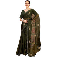 Satrani Women's Simmer Chiffon Embroidery & Stone Work Saree With Unstitched Blouse Piece (4086S642N_Olive Green)