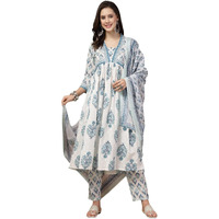 Stylum Women's Ethnic Motif Printed Cotton A-Line Kurta Pant Dupatta Set (Kpdbluedoraa42_White, Xl)