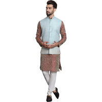 Sojanya (Since 1958 Men's Jacquard Silk Maroon Kurta And Off-White Pyjama With Blue Nehru Jacket
