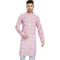 Divisive Men's Thread Embroidered Cotton Blend Only Slim Fit Kurta (Dkrt791_Xl_White - Pink)