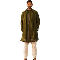 Jompers Men's Olive Embroidered & Sequin Kurta Pyjama With Dupatta. (Olive, Xxl)