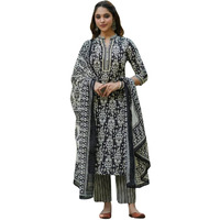 Nainvish Women's Rayon Printed Straight V-Neck Kurta Pant With Dupatta (Sd685_Kbd-Xl_Black)