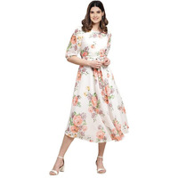 Preneum Women's Maxi Fit & Flare Latest Style Print Georgette Regular Sleeves Casual Summer Maxi Dress || Festival & Occasion, Off White, Xl