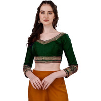 Pujia Mills Women's Milan Silk Heavy Embroidery With Sequins Worked Full Sleeve Fancy Saree Blouse Green(Charlie Green)