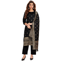Sanisa Women's Silk Blend Jacquard Work Straight Kurta With Pant And Dupatta Set (223Kbd2361N-Xl_Black And Golden)