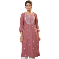 Sanisa Women's Chinnon Chikankari Embroidery Straight Kurti (473K10014N-L_Dusty Pink)