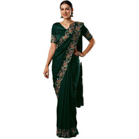 Satrani Women's Satin Embroidery And Scalloped Border Saree With Unstitched Blouse Piece (3922S533N_Dark Green)