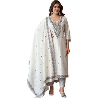 Sanisa Women's Cotton Solid Jacquard Straight Kurta With Pant And Dupatta Set (212Kbd2241N-L_Off White & Brown1)