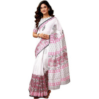 Satrani Women's Chanderi Cotton Printed Ready To Wear One Minute Pre Pleated Readymade Saree With Unstitched Blouse Piece (32Rs299N_White2)