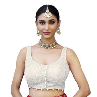 Vihu Fashion Women's Georgett Floral Sleeveless Regular Blouse (Vf B Lucknowi 3 Off White 34