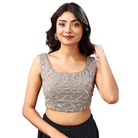 Womanista Women's Polyester Solid Sleeveless Regular Fit Sequinned Blouse (Bl_76_Grey M)