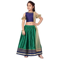 Aarika Girl's Silk Lehenga Choli Set (Lch-22115_Navy Blue-Dark Green_7-8 Years)