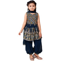 Aarika Girls Ethnic Wear Teal Blue Colour Thread Sequin Embroidery Georgette Kurti Patiala Set With Sling Bag (4-10 Years)