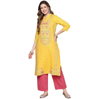 Anubhutee Women's Cotton Thread Work Floral Printed Straight Kurta Abwka2132_Yl_M_Yellow