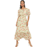 Avanova Georgette Pista Green Round Neck Maxi Western Dresses For Women (Dress 81 Pista M)