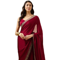 Cb-Colebrook Women's Soft Satin Saree With Embroidered Sequin Border With Blouse Piece, Traditional Indian Ethnic Wear, Party, Wedding Sarees For Womens (Maroon)