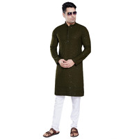 Divisive Men's Sequince Embroidered Cotton Blend Slim Fit Kurta Pyjama Set (Dkrt150_M_Mehendi Green)