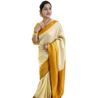 Flosive Women's Present Banarasi Soft Lichi Silk Saree Beautiful Jacquard Rich Pallu Design Work Zari Woven Kanjivaram Silk Style Saree With Soft Lichi Silk Blouse Piece Ayn Royal Multi C (Cream).