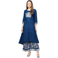 Ishin Women's Blue Viscose Rayon Embroidered Kurta Set With Palazzo