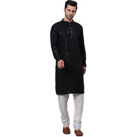 Jompers Men's Black Chikankari Embroidered And Sequence Kurta With Churidar (Black,M)