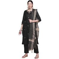 Anubhutee Women's Rayon Black Floral Embroidered Straight Kurta Suit Set With Pants And Dupatta