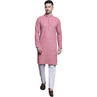 Jompers Men's Sequin Embroidered Pure Cotton Kurta With Pyjamas (Coral, S)