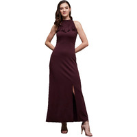 Miss Chase Women's Fringed Halter Neck Sleeveless Solid Front Slit Maxi Dress (Mcss24D97-55-184-05, Wine Red, L)