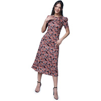 Popwings Casual Abstract Printed Midi Dress For Women | Half-Sleeves Long Dress For Women | Round-Neck Women Stylish Dress Black