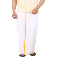 Prakasam Cotton White With Orange Border Single Dhoti For Men (1.28X2.00 Mtrs)