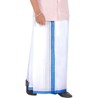 Prakasam Cotton Men's Double White Dhoti With Dobby Design Border (1.30 X 4.00 Meter) (Blue)