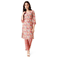 Pratham Blue Kurta Set For Women Cotton Blend Straight Printed Kurta Set For Women With Pant (Pb-6197-M_Beige And Pink)