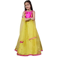 Pspeaches Girl's Net With Dupatta (L-Yellowtikli-5- Yellow_5-6Y)