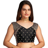 Pujia Mills Women's Sequin Embroidered V Neck Sleeveless Black Readymade Saree Blouse Indian Ethnic Stitched Padded Blouses For Women