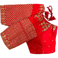 Pujia Mills Women's Heavy Embroidery With Sequins Work Half Sleeves Fancy Readymade Saree Blouse.(Tulsi Red)