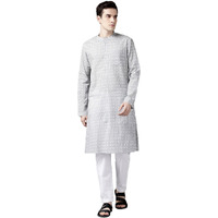 See Designs Men White & Grey Printed Straight Kurta With Pyjama - Sdkt99001L (L)