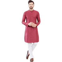 See Designs Full Sleeve Side Slit Burgundy Cotton Solid Straight Mandarin Collar Kurta With Pyjama - Sdkt241501S