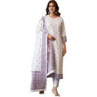Sanisa Women's Cotton Jacquard Work Straight Kurta With Pant And Dupatta Set (212Kbd2242N-Xl_Off White & Dark Magenta)
