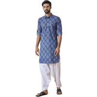 See Designs Indigo & White Cotton Regular Fit Printed Kurta Set Shirt Collar_Sdmpkt116103M
