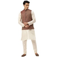 Sojanya (Since 1958 Men's Silk Blend Off White Kurta Pyjama & Maroon Self Design Nehru Jacket Combo