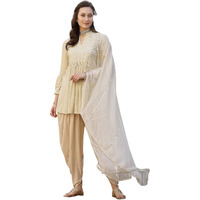 Stylum Women's Embroidered & Embellished Rayon Pleated Kurti With Dhoti Pant & Dupatta (Kpdcreamcrush40_Cream, L)