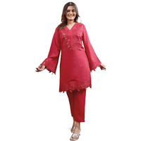 Womanista Women's Silk Blend Solid Regular Set (Co-Ords_9062_Red_2Xl)
