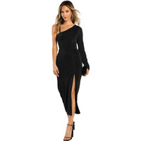 Addyvero One Shoulder Neck Full Sleeve Lurex Solid Bodycon Below Knee Length Women Long Dress (Black, M)