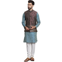 Sojanya (Since 1958 Men's Jacquard Silk Teal Green Kurta And Cream Pyjama With Blue Nehrujacket