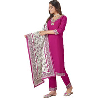 Stylum Women's Magenta Solid & Embroidered Silk Straight Kurta Pant Dupatta Set