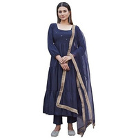 Womanista Women's Silk Blend Kurta With Trouser & Dupatta (Kurtaset_1420_Navy Blue_M)
