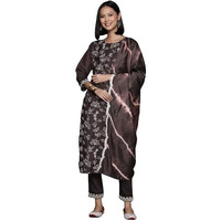 Varanga Women Coffee Brown Embroidered Kurta Paired With Tonal Bottom And Dupatta