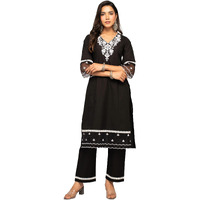 Fiorra Women's Balck Cotton Floral Embroidery Straight Kurta With Palazzo Set0106 Black
