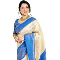 Flosive Women's Present Banarasi Soft Lichi Silk Saree Beautiful Jacquard Rich Pallu Design Work Zari Woven Kanjivaram Silk Style Saree With Soft Lichi Silk Blouse Piece Ayn Royal Mix (Blue).
